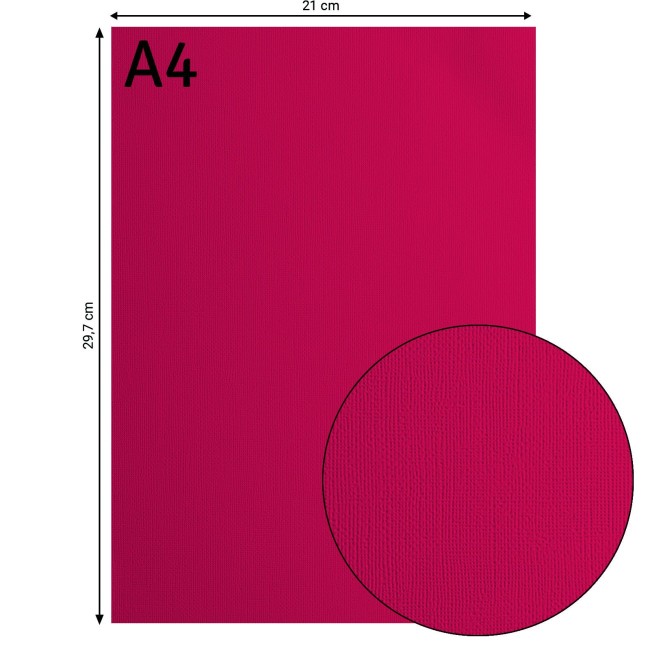 Cardstock texturé Florence A4 Raspberry 024, format 21 x 29,7 cm et gros plan sur le grain toilé