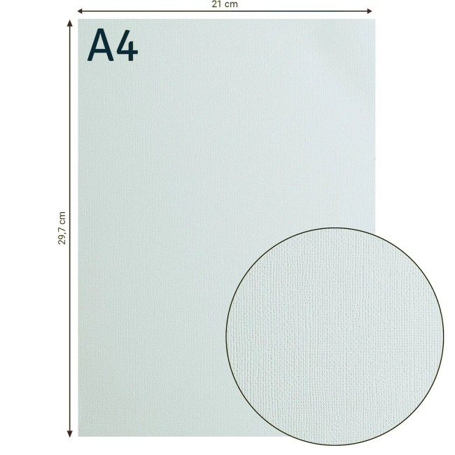 Florence • Cardstock texturé A4 Air 043 — format et texture Cardstock texturé Florence A4 Air 043, format 21 x 29,7 cm et gros plan sur le grain toilé