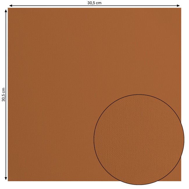 Florence • Cardstock texturé 30x30 Brick 090 — format et texture Cardstock texturé Florence Brick 090, format 30,5 x 30,5 cm et gros plan sur le grain toilé