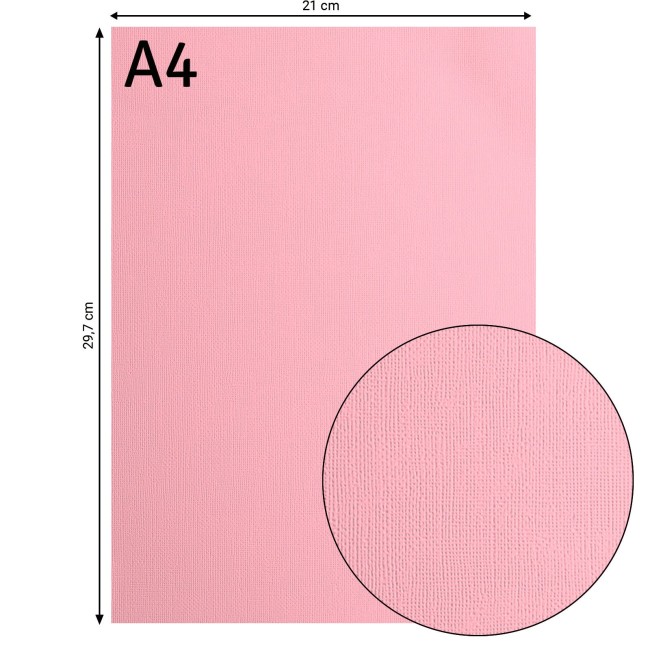 Cardstock texturé Florence A4 Rose 017, format 21 x 29,7 cm et gros plan sur le grain toilé