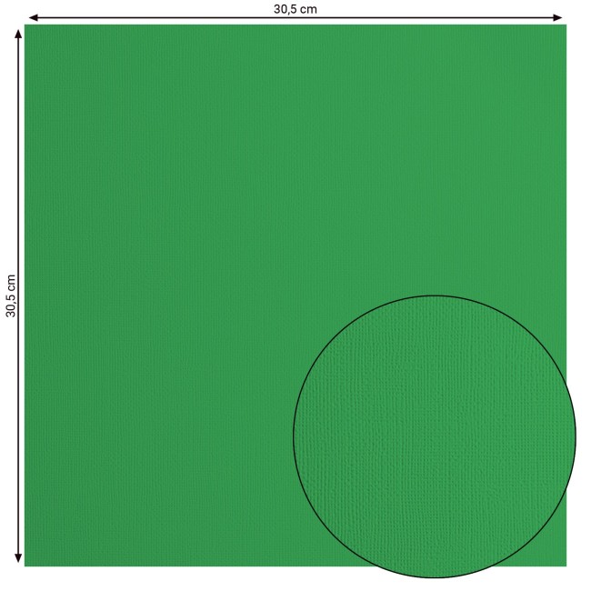 Florence • Cardstock texturé 30x30 Holly 076 — format et texture Cardstock texturé Florence Holly 076, format 30,5 x 30,5 cm et gros plan sur le grain toilé