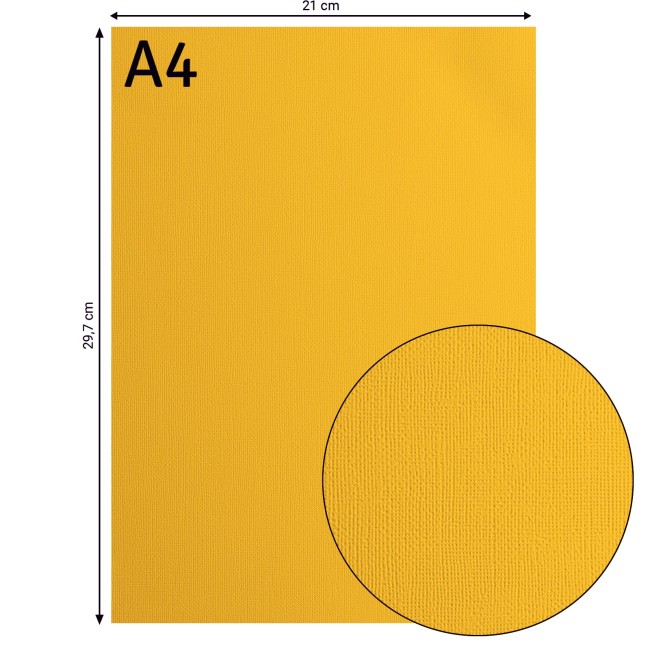 Cardstock texturé Florence A4 Honey 006, format 21 x 29,7 cm et gros plan sur le grain toilé
