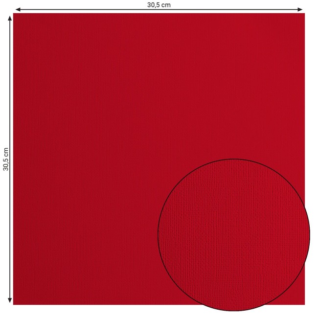 Cardstock texturé Florence Poppy 030, format 30,5 x 30,5 cm et gros plan sur le grain toilé