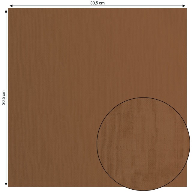 Florence • Cardstock texturé 30x30 Umber 092 — format et texture Cardstock texturé Florence Umber 092, format 30,5 x 30,5 cm et gros plan sur le grain toilé