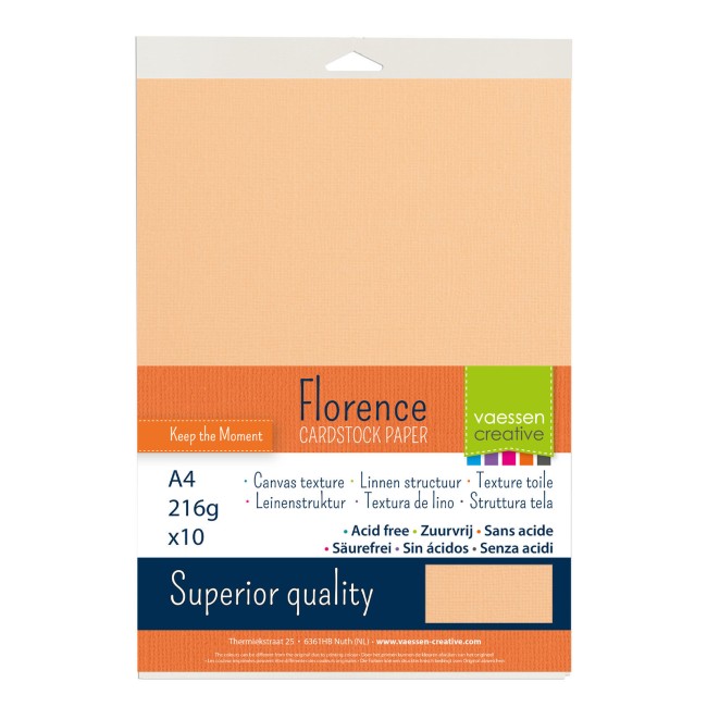 Cardstock texturé Florence A4 Sorbet 016, format 21 x 29,7 cm et gros plan sur le grain toilé