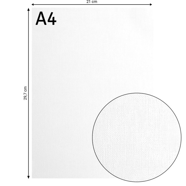 Cardstock texturé Florence A4 Blanc 097, format 21 x 29,7 cm et gros plan sur le grain toilé