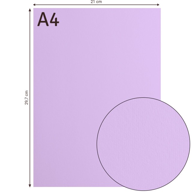 Florence • Cardstock lisse A4 Hyacinth 034 — format et surface Cardstock lisse Florence A4 Hyacinth 034, format 21 x 29,7 cm et gros plan sur la surface lisse