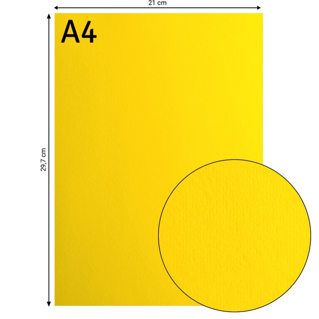 Florence • Cardstock lisse A4 Lemon Yellow 005 — format et surface Cardstock lisse Florence A4 Lemon Yellow 005, format 21 x 29,7 cm et gros plan sur la surface lisse