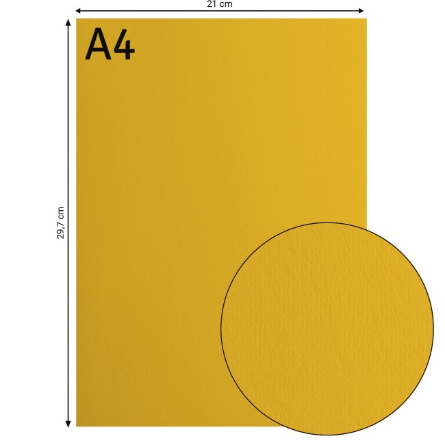 Cardstock lisse Florence A4 Bee 009, format 21 x 29,7 cm et gros plan sur la surface lisse
