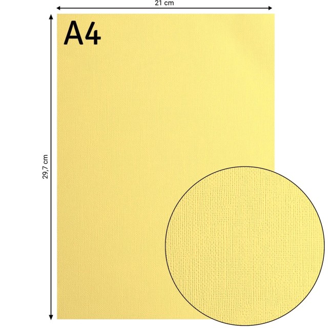 Florence • Cardstock texturé A4 Asparagus 004 — format et texture Cardstock texturé Florence A4 Asparagus 004, format 21 x 29,7 cm et gros plan sur le grain toilé