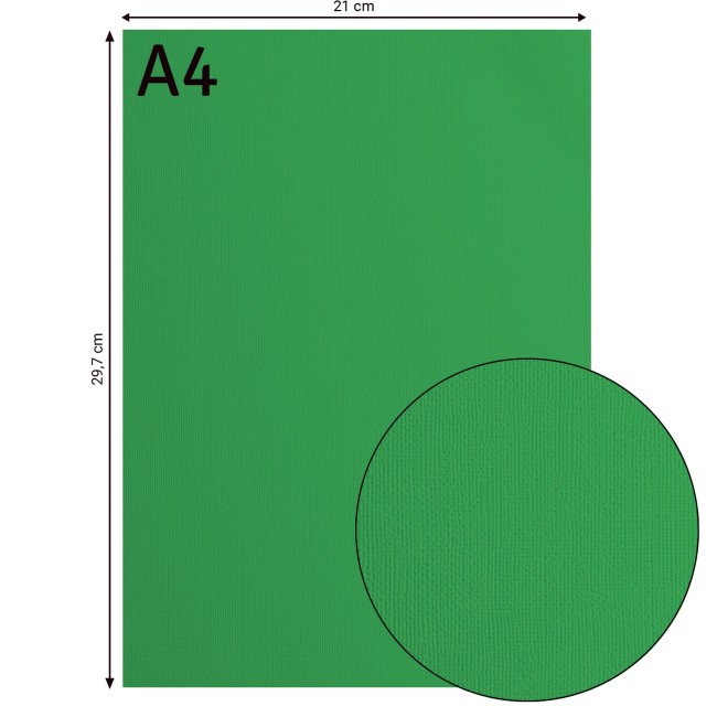 Cardstock texturé Florence A4 Holly 076, format 21 x 29,7 cm et gros plan sur le grain toilé
