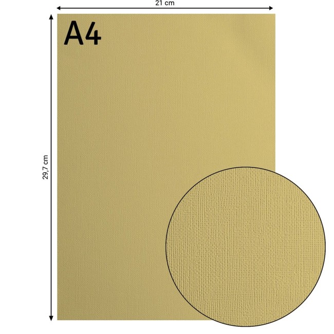 Cardstock texturé Florence A4 Salamander 081, format 21 x 29,7 cm et gros plan sur le grain toilé