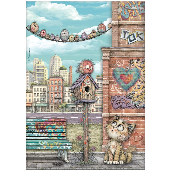 Papier de riz A4 Furry Friends 2 nest, cat and birds Stamperia