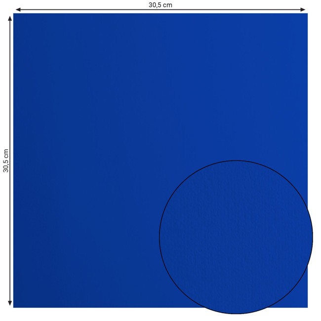 Florence • Cardstock lisse 30x30 Sapphire 050 — format et surface Cardstock lisse Florence Sapphire 050, format 30,5 x 30,5 cm et gros plan sur la surface lisse