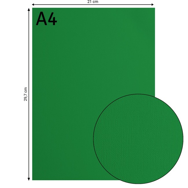 Florence • Cardstock texturé A4 Broccoli 077 — format et texture Cardstock texturé Florence A4 Broccoli 077, format 21 x 29,7 cm et gros plan sur le grain toilé
