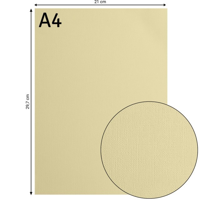 Cardstock texturé Florence A4 Pudding 080, format 21 x 29,7 cm et gros plan sur le grain toilé