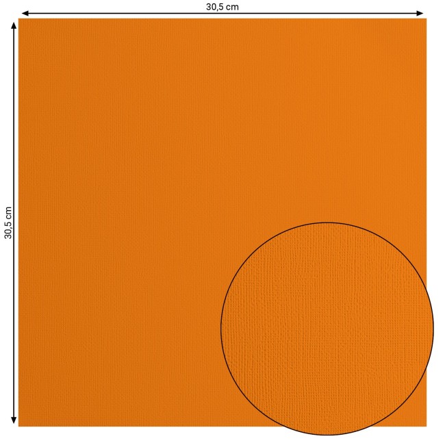 Cardstock texturé Florence Mandarin 013, format 30,5 x 30,5 cm et gros plan sur le grain toilé