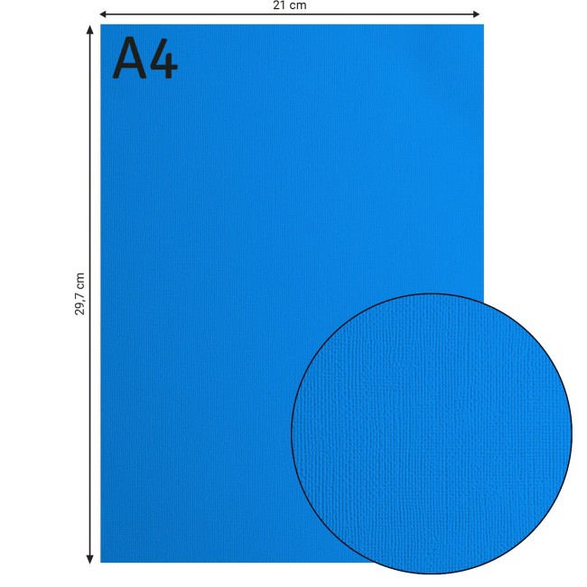 Cardstock texturé Florence A4 Denim 049, format 21 x 29,7 cm et gros plan sur le grain toilé