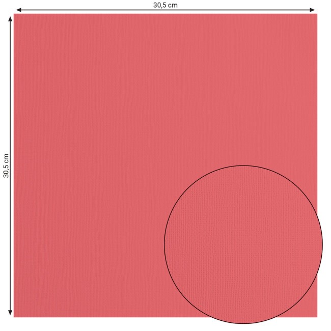 Cardstock texturé Florence Rhubarb 027, format 30,5 x 30,5 cm et gros plan sur le grain toilé