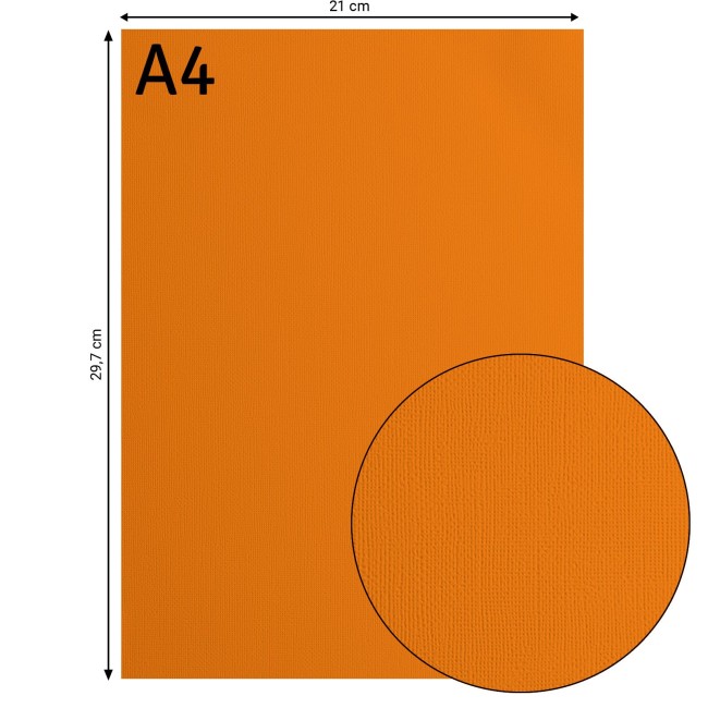 Cardstock texturé Florence A4 Mandarin 013, format 21 x 29,7 cm et gros plan sur le grain toilé
