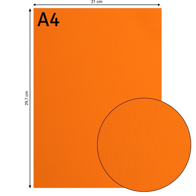 Cardstock texturé Florence A4 Melon 012, format 21 x 29,7 cm et gros plan sur le grain toilé