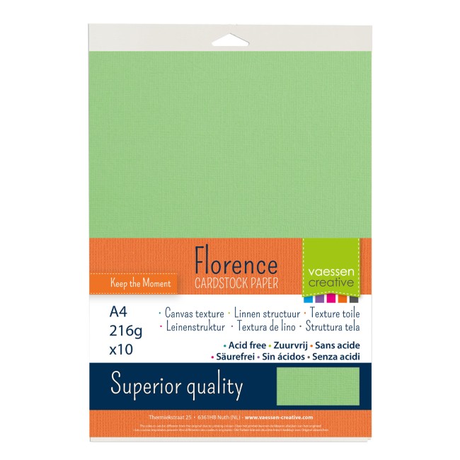 Cardstock texturé Florence A4 Celery 067, format 21 x 29,7 cm et gros plan sur le grain toilé
