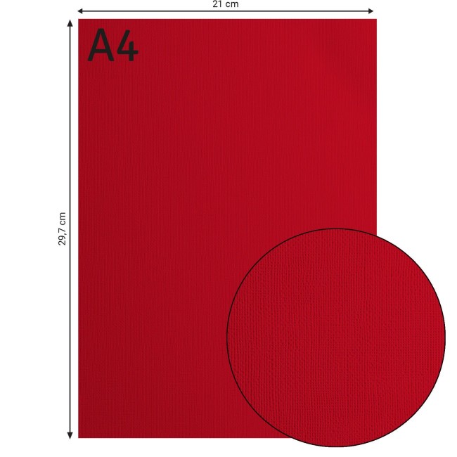 Florence • Cardstock texturé A4 Poppy 030 — format et texture Cardstock texturé Florence A4 Poppy 030, format 21 x 29,7 cm et gros plan sur le grain toilé