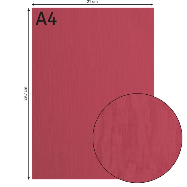 Cardstock texturé Florence A4 Blackberry 025, format 21 x 29,7 cm et gros plan sur le grain toilé