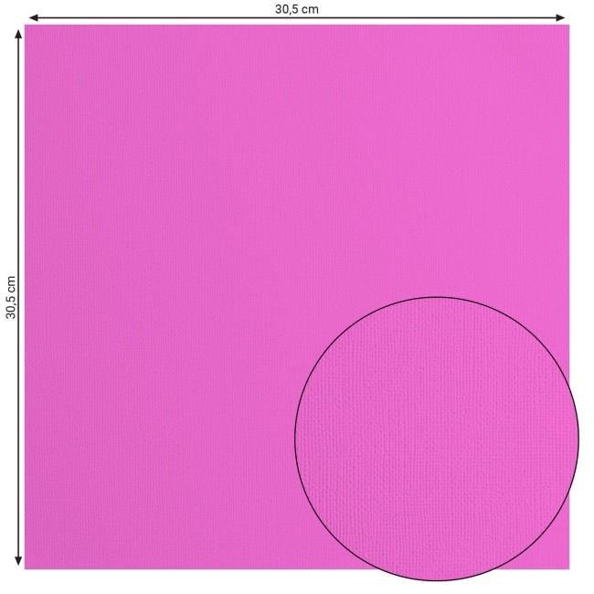 Florence • Cardstock texturé 30x30 Fuchsia 037 — format et texture Cardstock texturé Florence Fuchsia 037, format 30,5 x 30,5 cm et gros plan sur le grain toilé