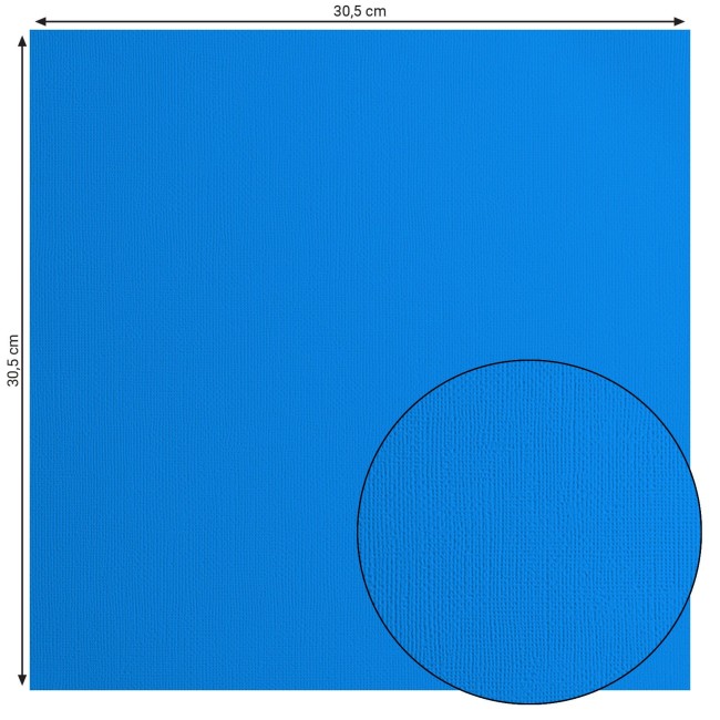 Florence • Cardstock texturé 30x30 Denim 049 — format et texture Cardstock texturé Florence Denim 049, format 30,5 x 30,5 cm et gros plan sur le grain toilé