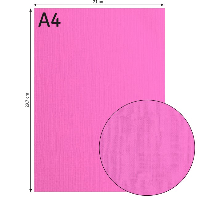 Cardstock texturé Florence A4 Candy 036, format 21 x 29,7 cm et gros plan sur le grain toilé