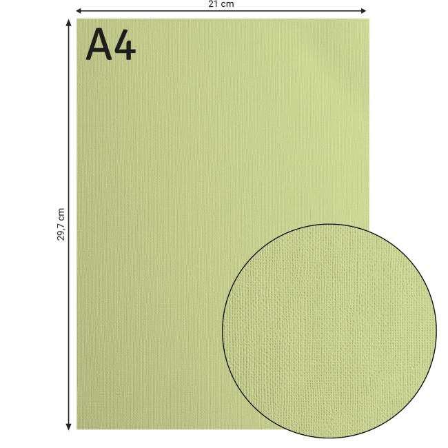 Florence • Cardstock texturé A4 Anise 066 — format et texture Cardstock texturé Florence A4 Anise 066, format 21 x 29,7 cm et gros plan sur le grain toilé