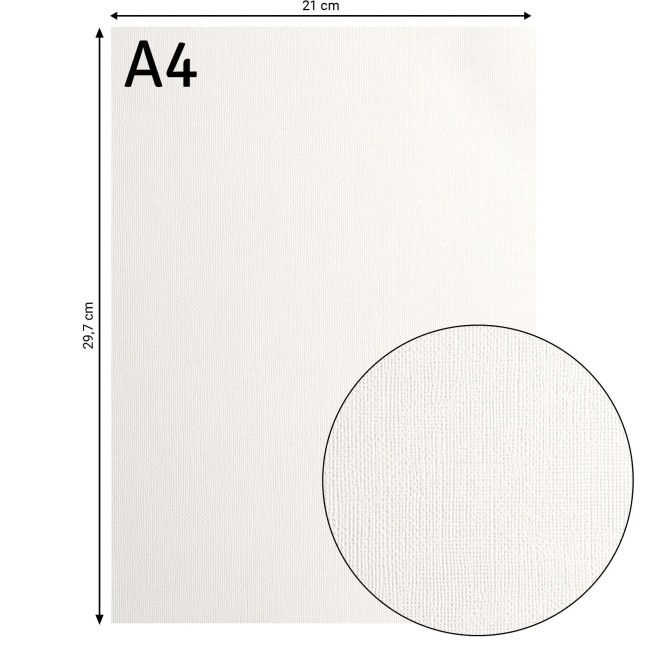 Cardstock texturé Florence A4 Blanc Cassé 101, format 21 x 29,7 cm et gros plan sur le grain toilé