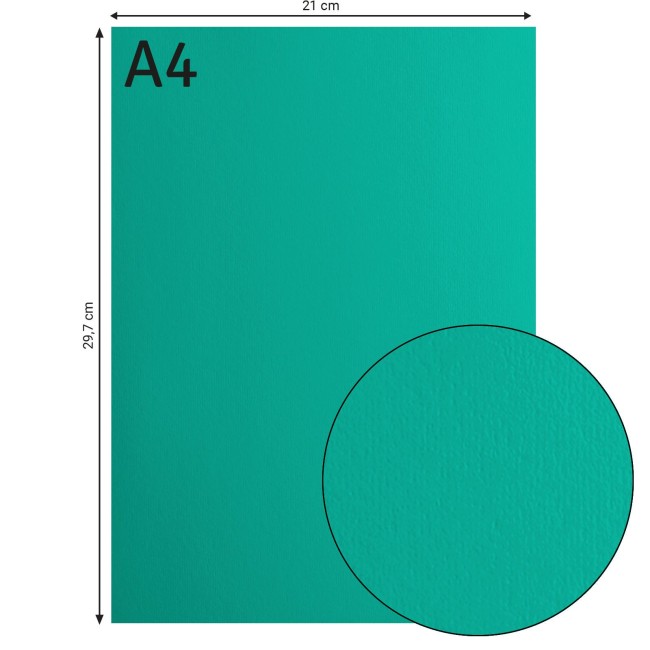 Florence • Cardstock lisse A4 Spa 060 — format et surface Cardstock lisse Florence A4 Spa 060, format 21 x 29,7 cm et gros plan sur la surface lisse