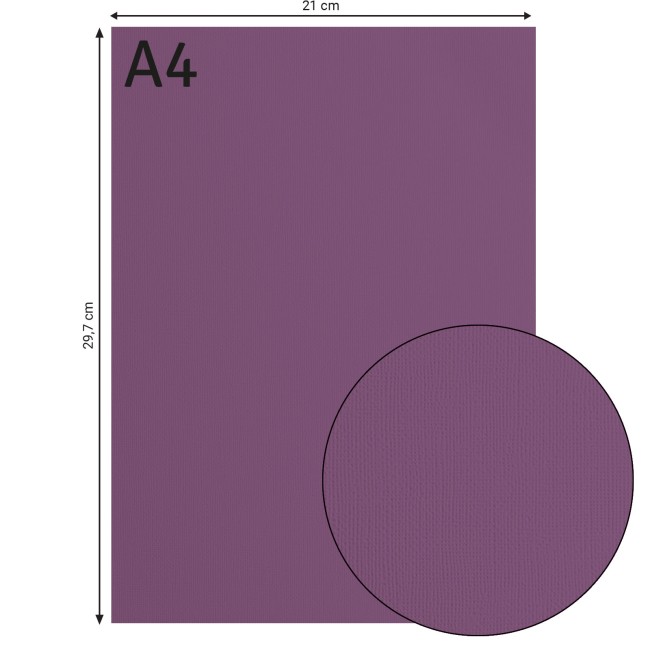 Cardstock texturé Florence A4 Clematis 040, format 21 x 29,7 cm et gros plan sur le grain toilé