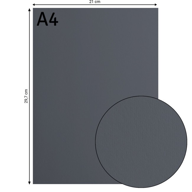 Florence • Cardstock lisse A4 Anthracite 095 — format et surface Cardstock lisse Florence A4 Anthracite 095, format 21 x 29,7 cm et gros plan sur la surface lisse