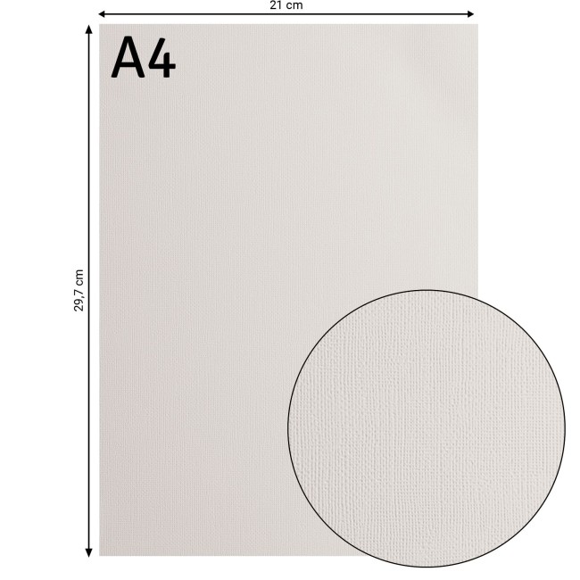 Cardstock texturé Florence A4 Cool Grey 082, format 21 x 29,7 cm et gros plan sur le grain toilé