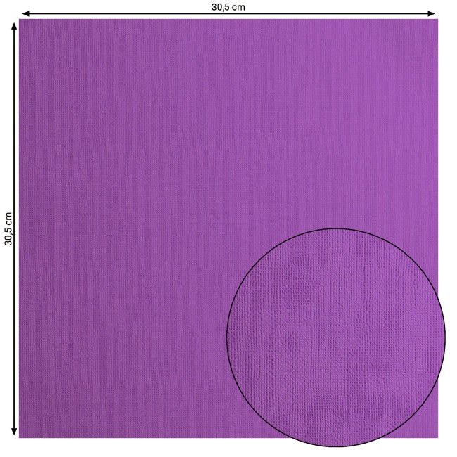 Florence • Cardstock texturé 30x30 Violet 041 — format et texture Cardstock texturé Florence Violet 041, format 30,5 x 30,5 cm et gros plan sur le grain toilé