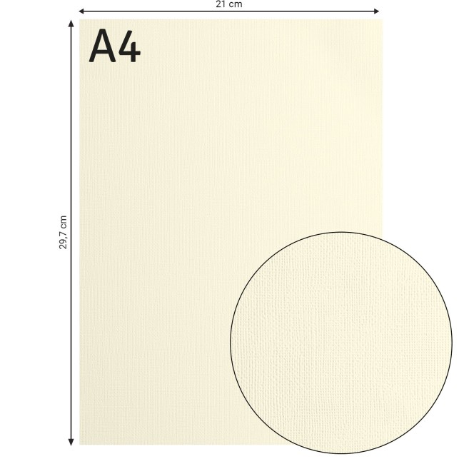Cardstock texturé Florence A4 Raffia 002, format 21 x 29,7 cm et gros plan sur le grain toilé