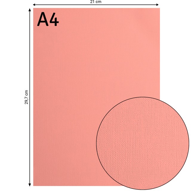 Cardstock texturé Florence A4 Dahlia 020, format 21 x 29,7 cm et gros plan sur le grain toilé