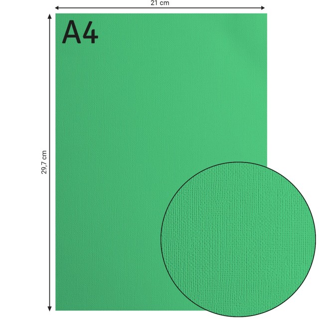 Cardstock texturé Florence A4 Emerald 058, format 21 x 29,7 cm et gros plan sur le grain toilé