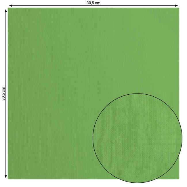 Cardstock texturé Florence Moss 075, format 30,5 x 30,5 cm et gros plan sur le grain toilé