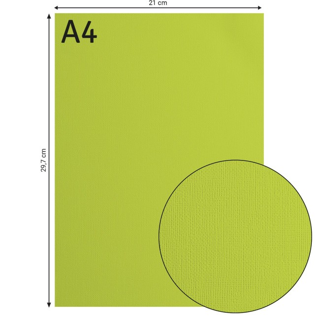 Cardstock texturé Florence A4 Lime 068, format 21 x 29,7 cm et gros plan sur le grain toilé
