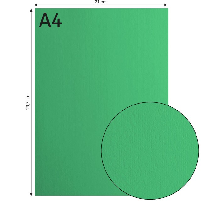 Cardstock lisse Florence A4 Emerald 058, format 21 x 29,7 cm et gros plan sur la surface lisse