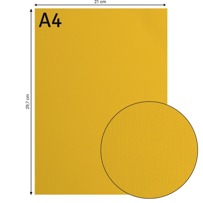 Florence • Cardstock texturé A4 Bee 009 — format et texture Cardstock texturé Florence A4 Bee 009, format 21 x 29,7 cm et gros plan sur le grain toilé