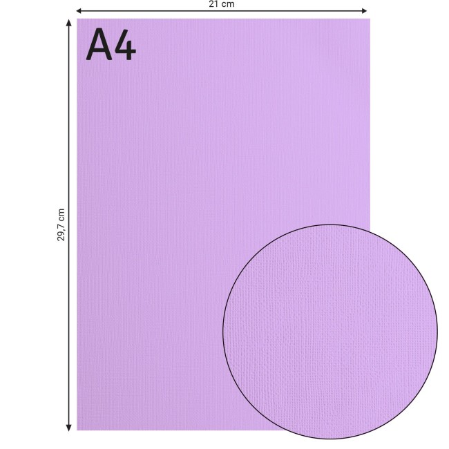 Cardstock texturé Florence A4 Hyacinth 034, format 21 x 29,7 cm et gros plan sur le grain toilé