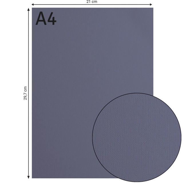 Cardstock texturé Florence A4 Graphite 053, format 21 x 29,7 cm et gros plan sur le grain toilé