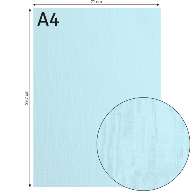 Cardstock texturé Florence A4 Ocean 045, format 21 x 29,7 cm et gros plan sur le grain toilé