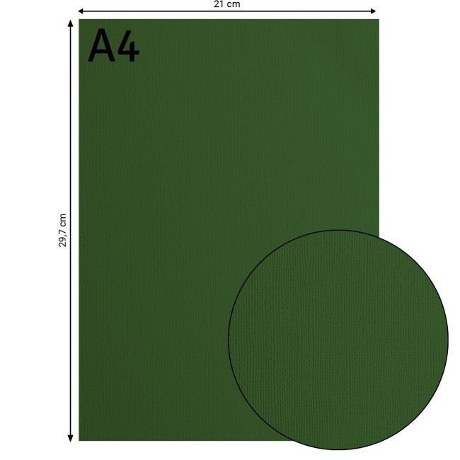 Florence • Cardstock texturé A4 Pine 078 — format et texture Cardstock texturé Florence A4 Pine 078, format 21 x 29,7 cm et gros plan sur le grain toilé
