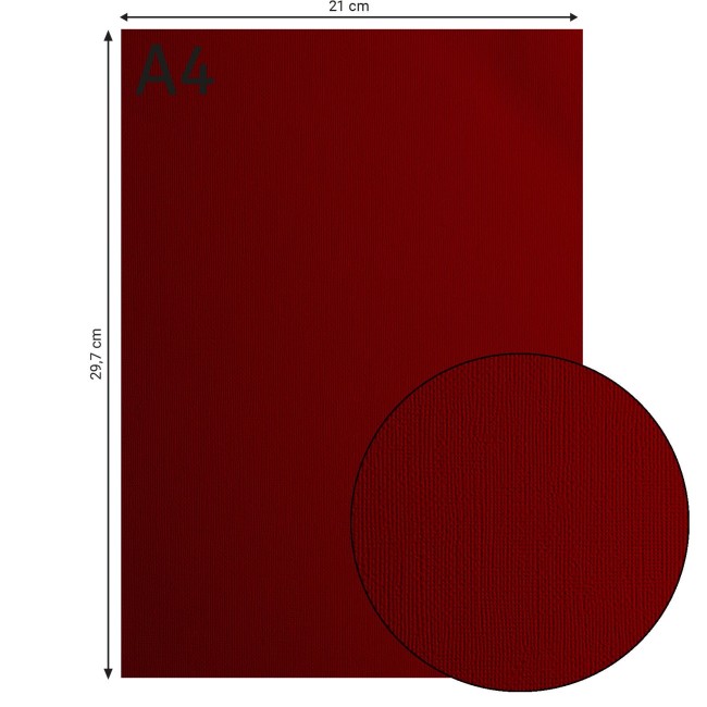 Cardstock texturé Florence A4 Ruby 031, format 21 x 29,7 cm et gros plan sur le grain toilé